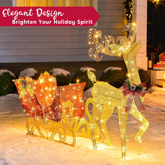 SYNCFUN 4 FT Reindeer Christmas Outdoor Yard Light Decorations,200 LED Lights Reindeer and Sleigh for Christmas Outside Lawn Decor,Warm White Light