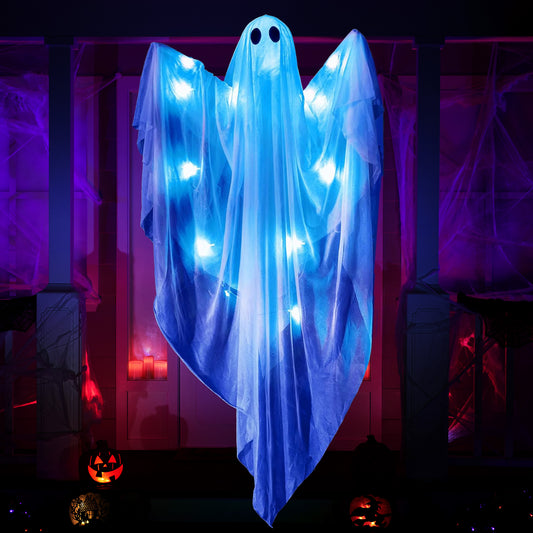 Joyfy 47 Inch Hanging Ghosts Halloween Decor,Halloween Light up White Ghosts with Spooky Blue LED Light,Halloween Outdoor Yard Porch Decorations,Haunted House Decorations