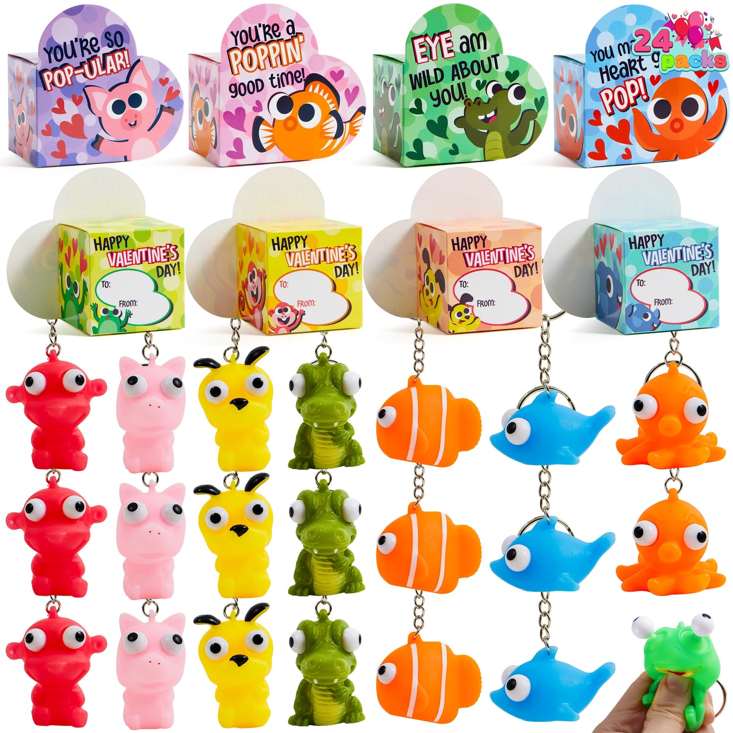 48pcs (24 Valentines Cards with 24 Pop Eye Animal Keychains) for Kids, Valentines Gifts with Heart Boxes, Fidget Valentines Toys for Kids School Class Exchange, Stress Relief Toys