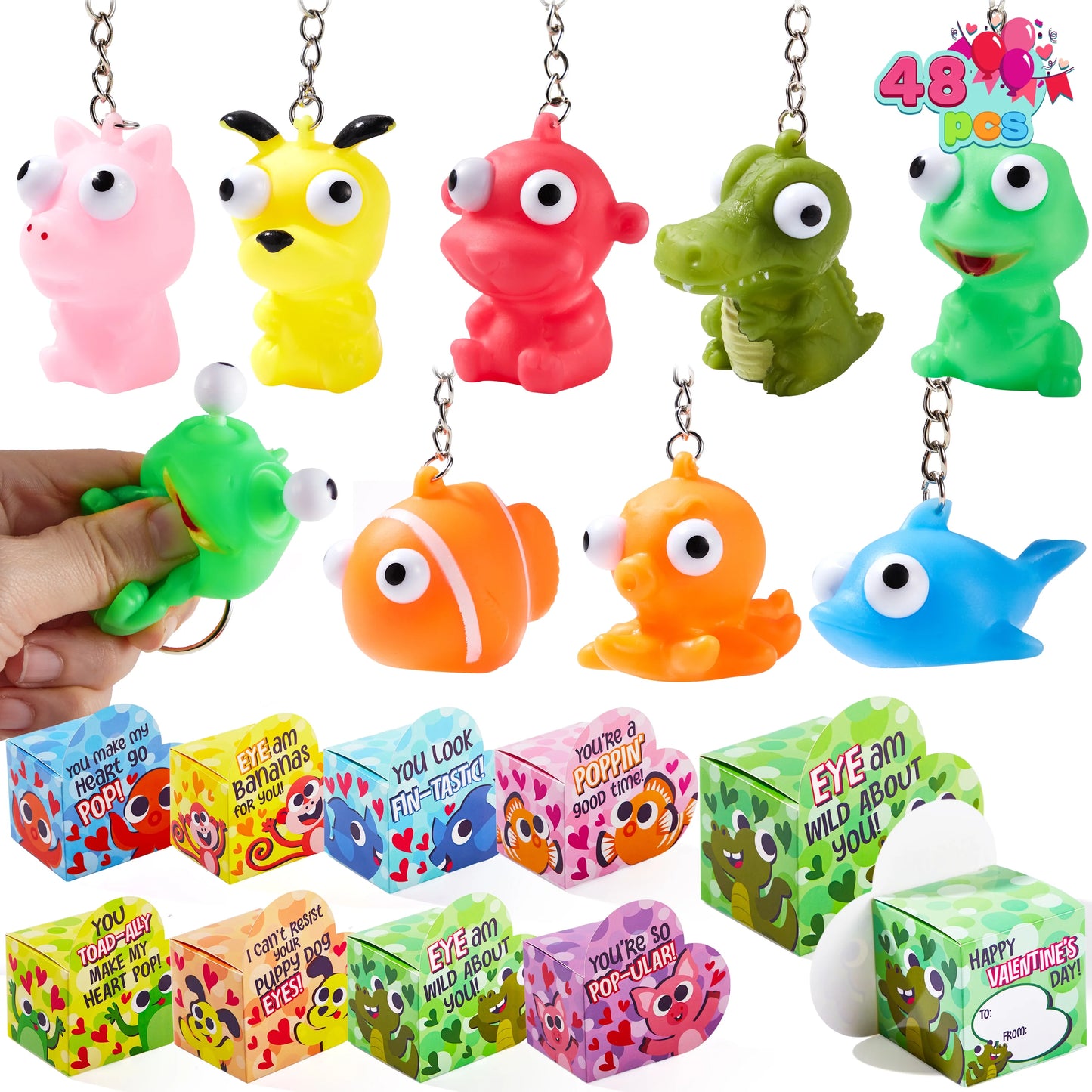 48pcs (24 Valentines Cards with 24 Pop Eye Animal Keychains) for Kids, Valentines Gifts with Heart Boxes, Fidget Valentines Toys for Kids School Class Exchange, Stress Relief Toys