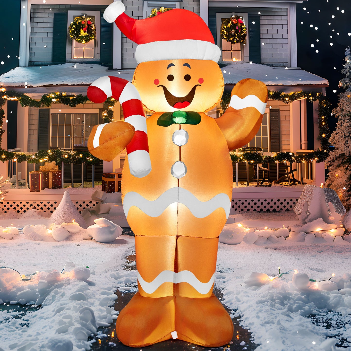 Joyfy 5 ft Christmas Inflatables Gingerbread Outdoor Decorations,Gingerbread Man Blow Ups with Built-in LEDs for Holiday Party Garden Lawn Yard Decor