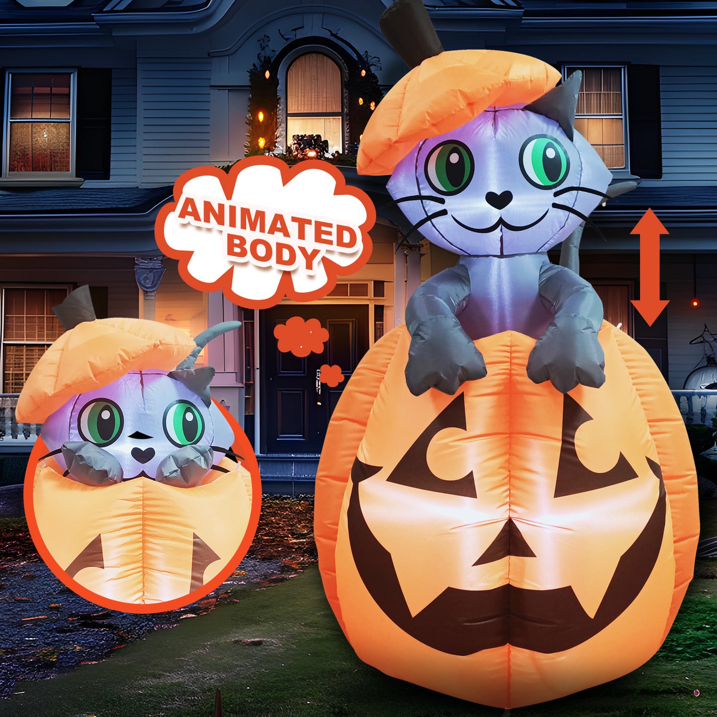 Syncfun 5 FT Halloween Inflatable Animated Kitty Cat On Pumpkin Halloween Decoration,Halloween Blow Up Yard Lawn Inflatables