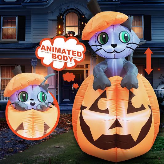 Syncfun 5 FT Halloween Inflatable Animated Kitty Cat On Pumpkin Halloween Decoration,Halloween Blow Up Yard Lawn Inflatables