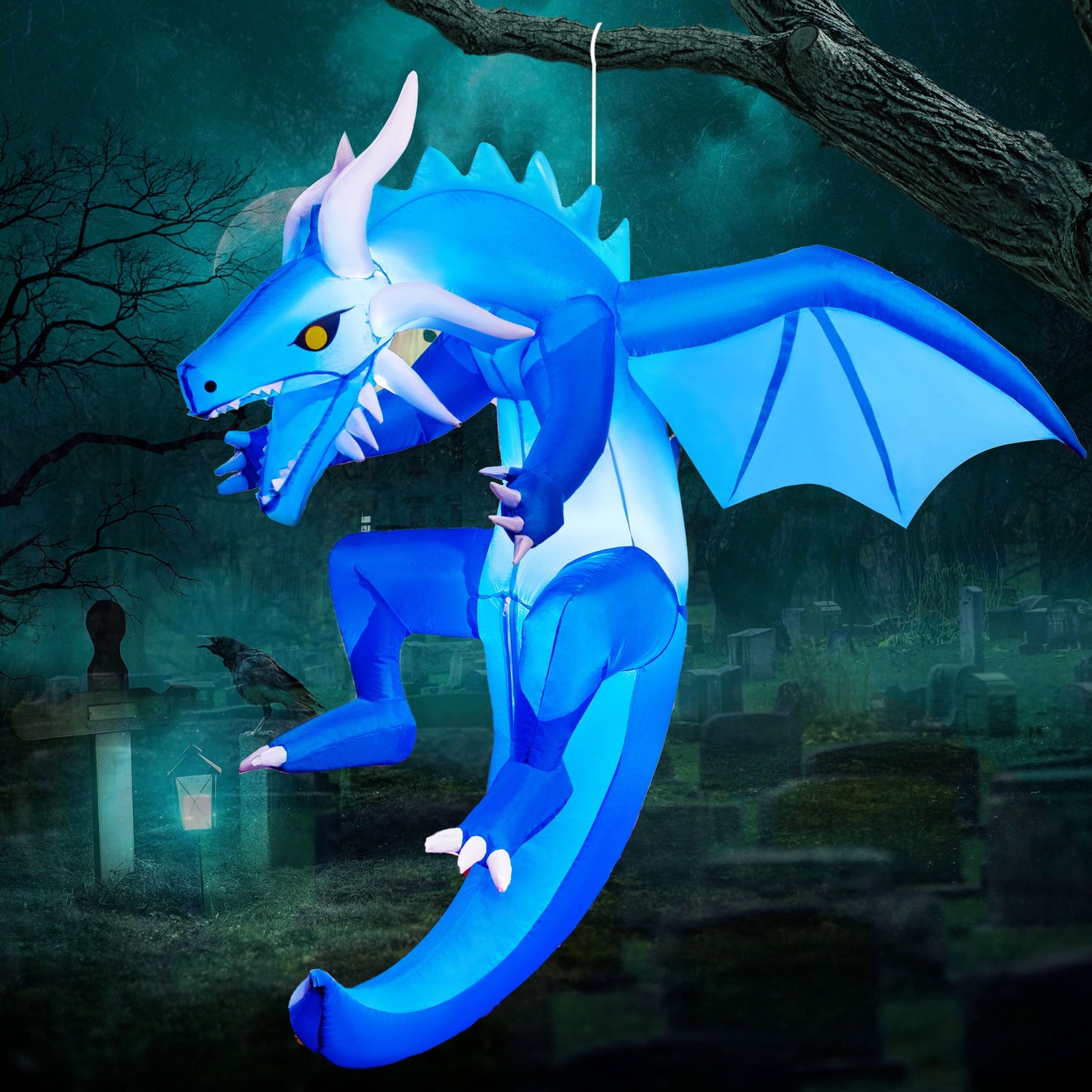 JOYIN 5 FT Halloween Inflatable Ice Dragon,Blue Hanging Flying Dragon Inflatable Halloween Blow Up Yard Decorations Outside Decorations