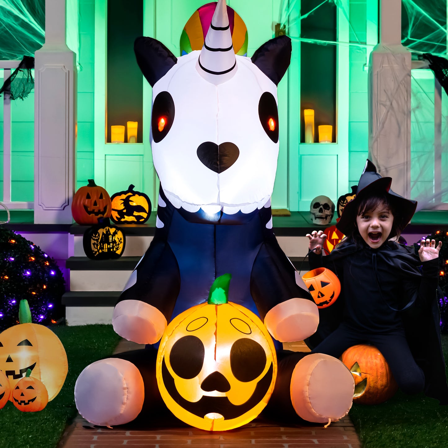 Syncfun 5 FT Halloween Inflatable Sitting Skeleton Unicorn with Build-in LEDs,Halloween Decorations Blow Up Yard decorations Outdoor Decorations