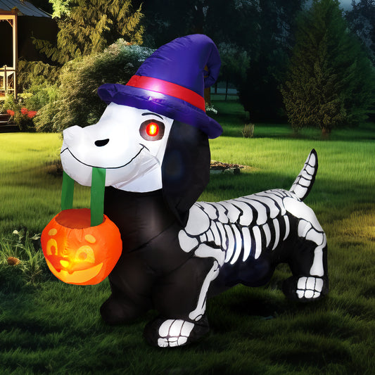 Syncfun 5 FT Halloween Inflatables Light up Pumpkin Skeleton Wiener Dog Long Halloween Inflatables Outdoor Decorations,Blow up Halloween Yard Decorations