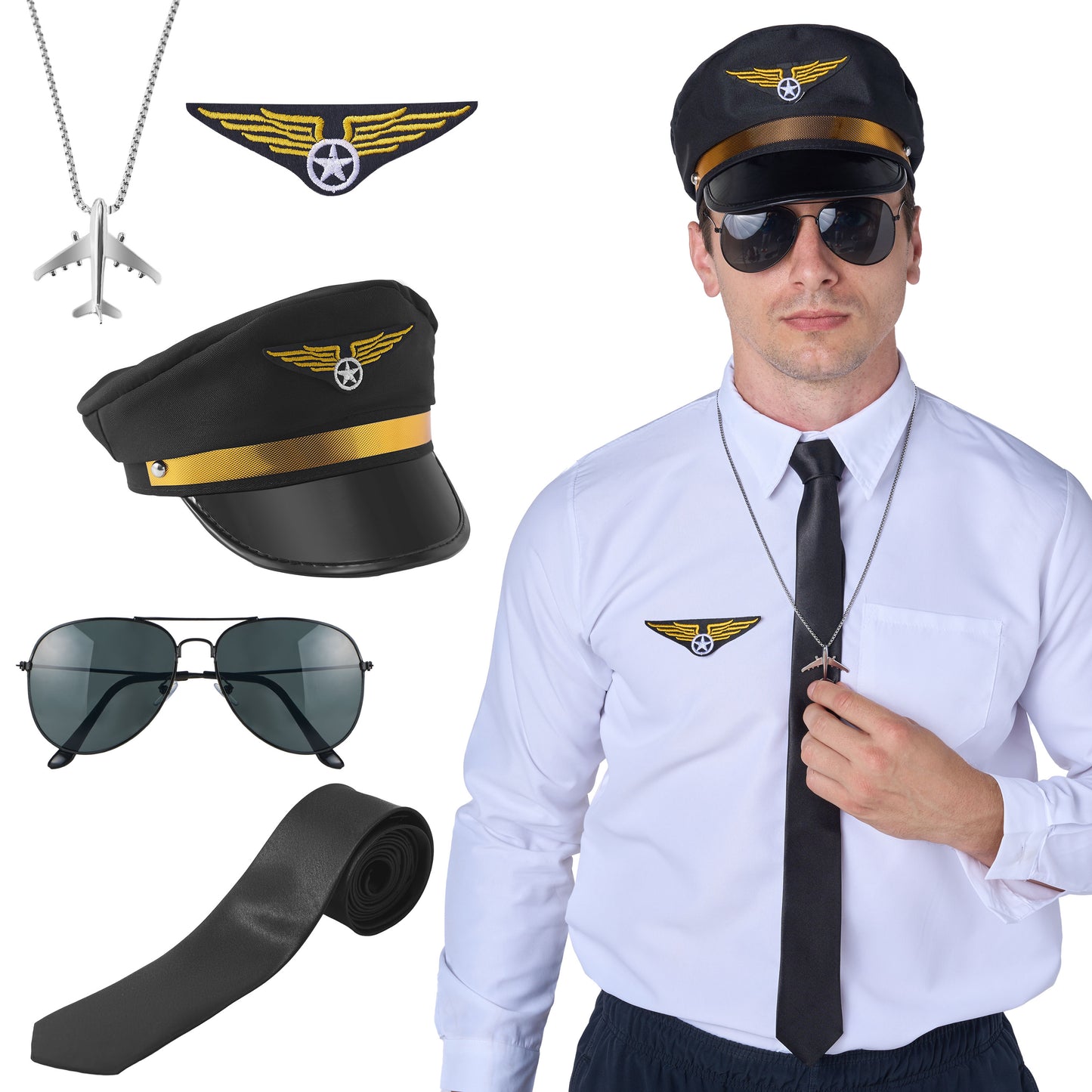 Joyfy 5 Pcs Halloween Pilot Captain Costume Accessories Set with Aviator Sunglasses,Tie,Pilot Hat,Wings Patch and Necklace,Cosplay Accessories for Kids and Adults Dress Up