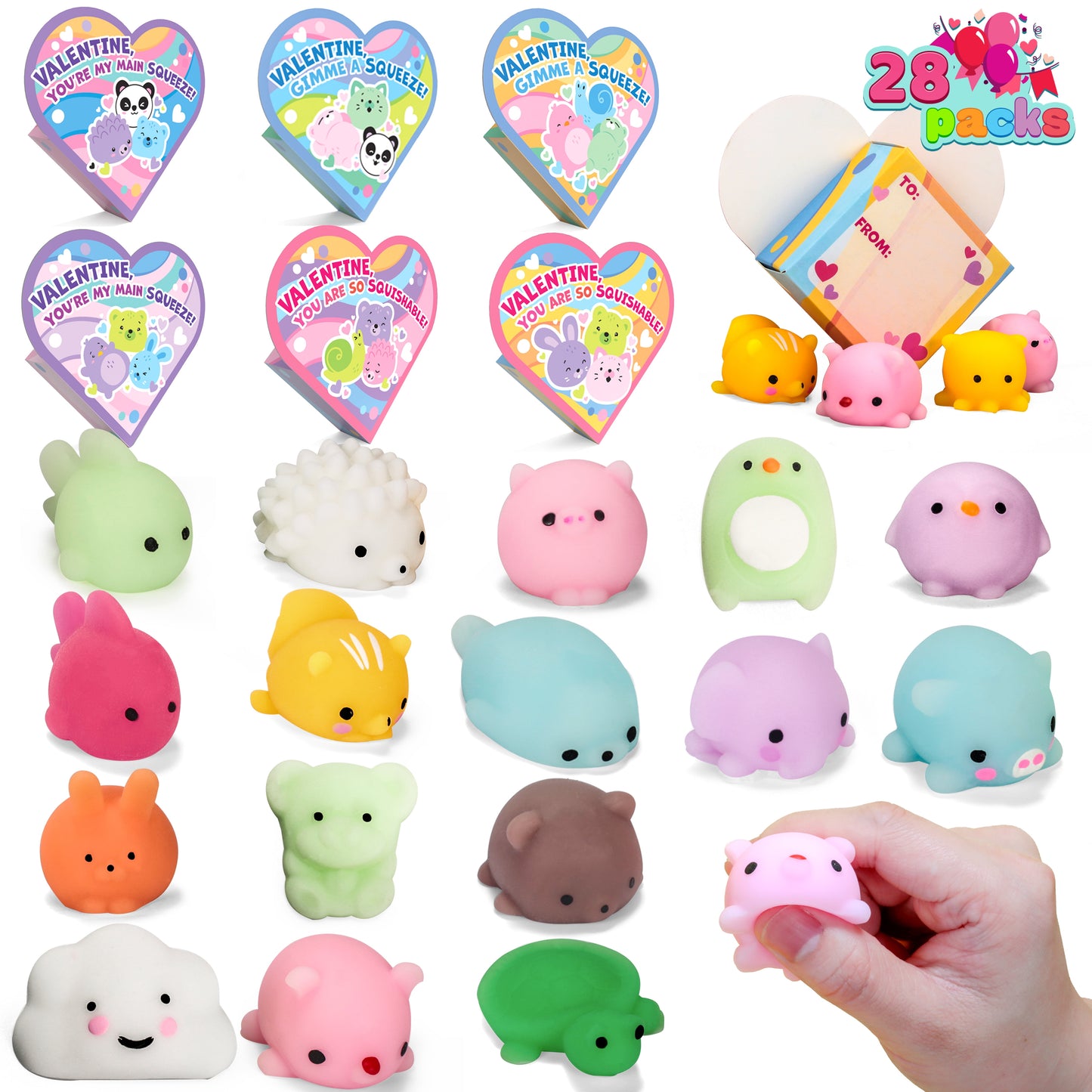 56 pcs (28 Valentines Day Cards with 28 Mochi Squishy Toys) for Kids, Fidget Mini s with Heart Boxes School Class, Valentines Day Gifts Set Exchange Prizes