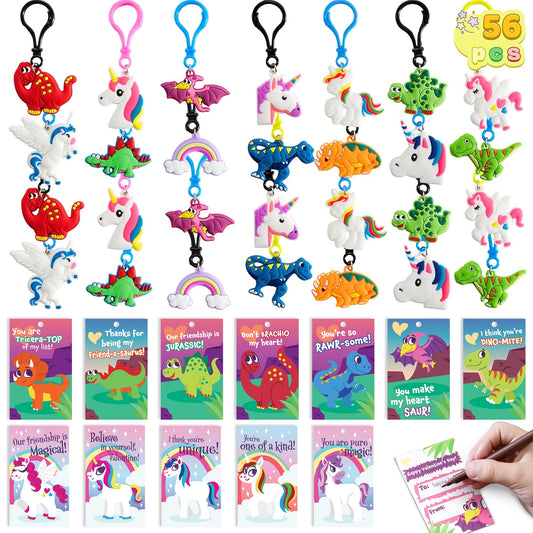 56 pcs Valentines Day Toys Set (28 Keychain and 28 Cards), Valentines Cards with Unicorn Dinosaur Gift Set for Kids, Valentines Classroom Exchange Cards
