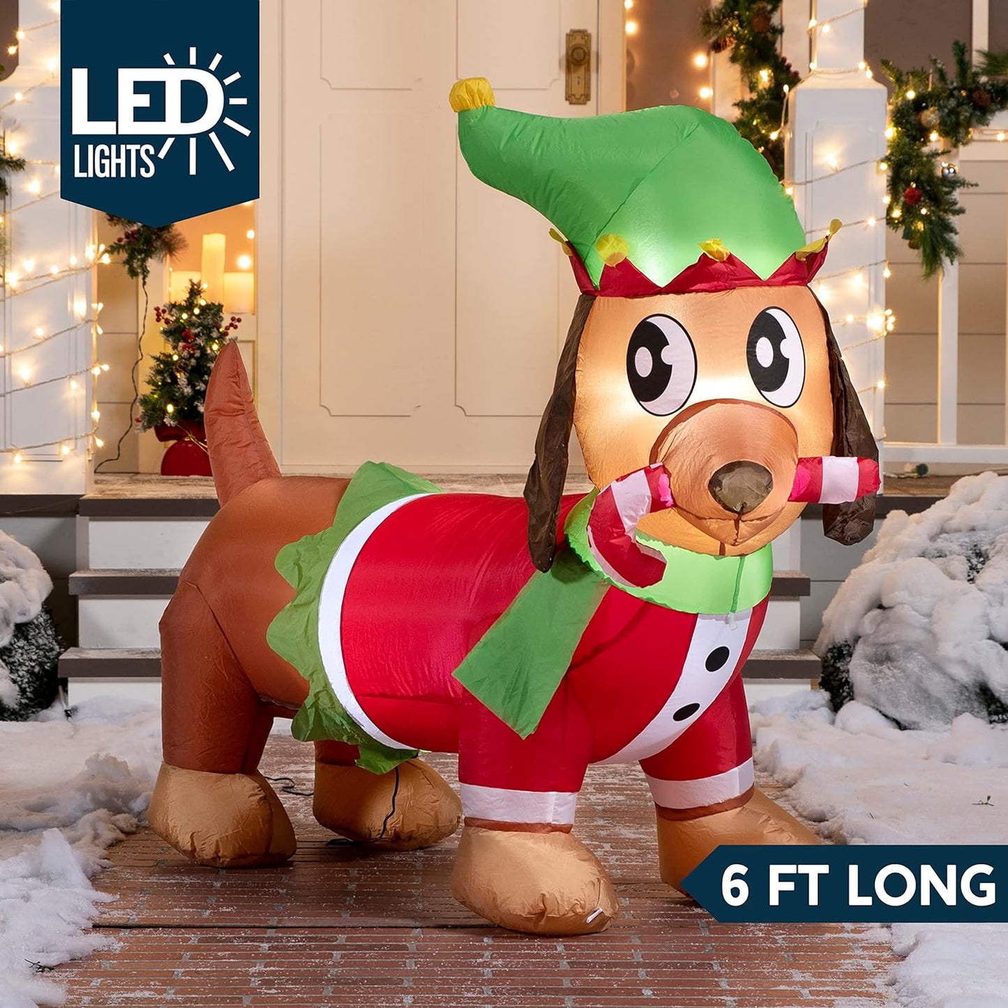 Joyfy 6 FT Christmas Inflatables Dog Outdoor Decorations,Christmas Puppy Holding A Candy Cane Blow Ups Yard with Built-in LEDs for Holiday Party Garden Lawn Decor
