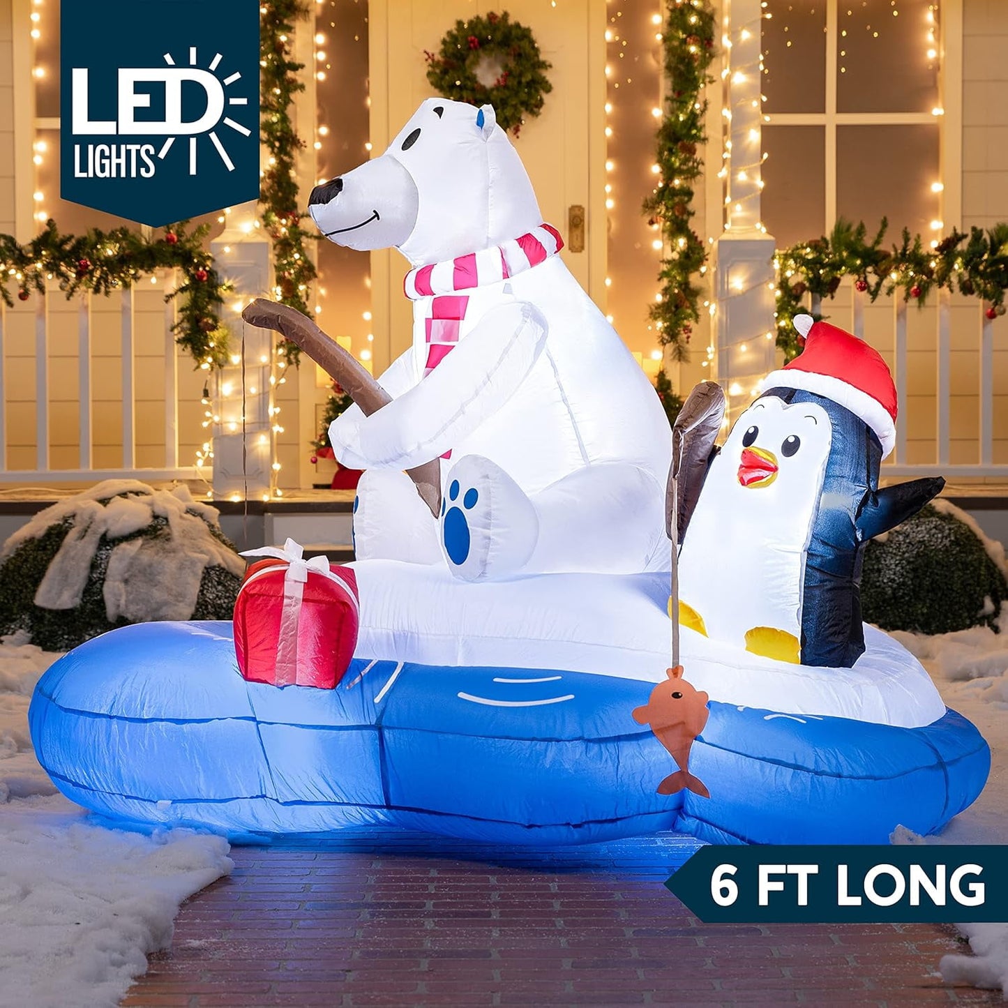 Joyfy 6 FT Christmas Inflatables Polar Bear Fishing with Penguin Outdoor Decorations,Christmas Blow Ups Yard with Built-in LEDs for Holiday Party Garden Lawn Decor