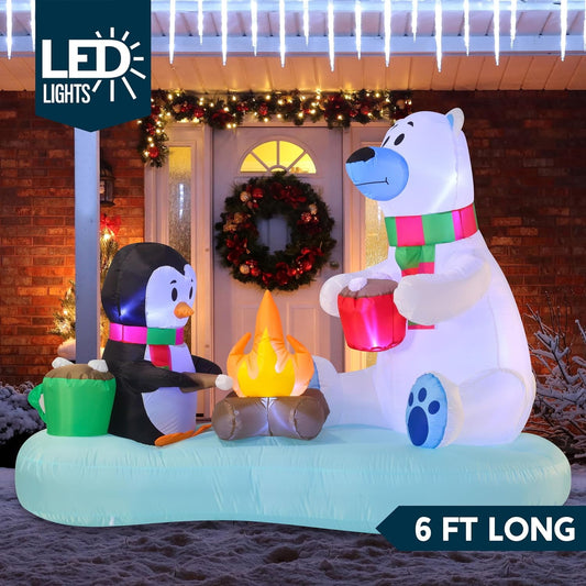 Joyfy 6 FT Christmas Inflatables Polar Bear and Penguin with Campfire Outdoor Decorations,Christmas Blow Ups Yard with Built-in LEDs for Holiday Party Garden Lawn Decor