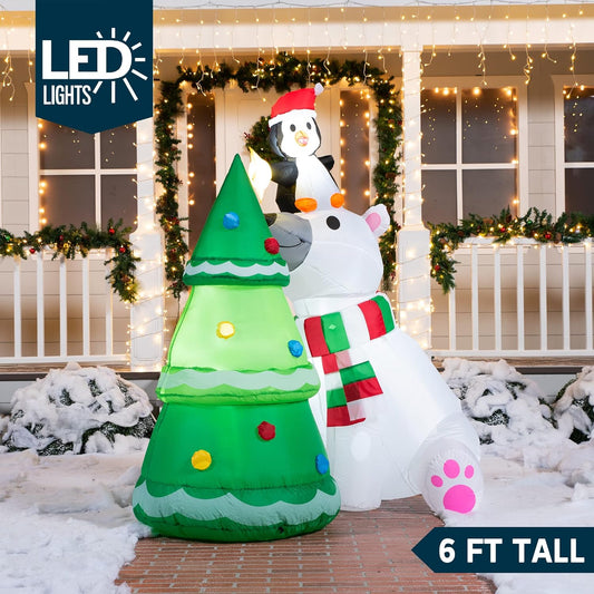 Joyfy 6 FT Christmas Inflatables Polar Bear and Penguin with Christmas Tree Outdoor Decorations,Christmas Blow Ups Yard with Built-in LEDs for Holiday Party Garden Lawn Decor