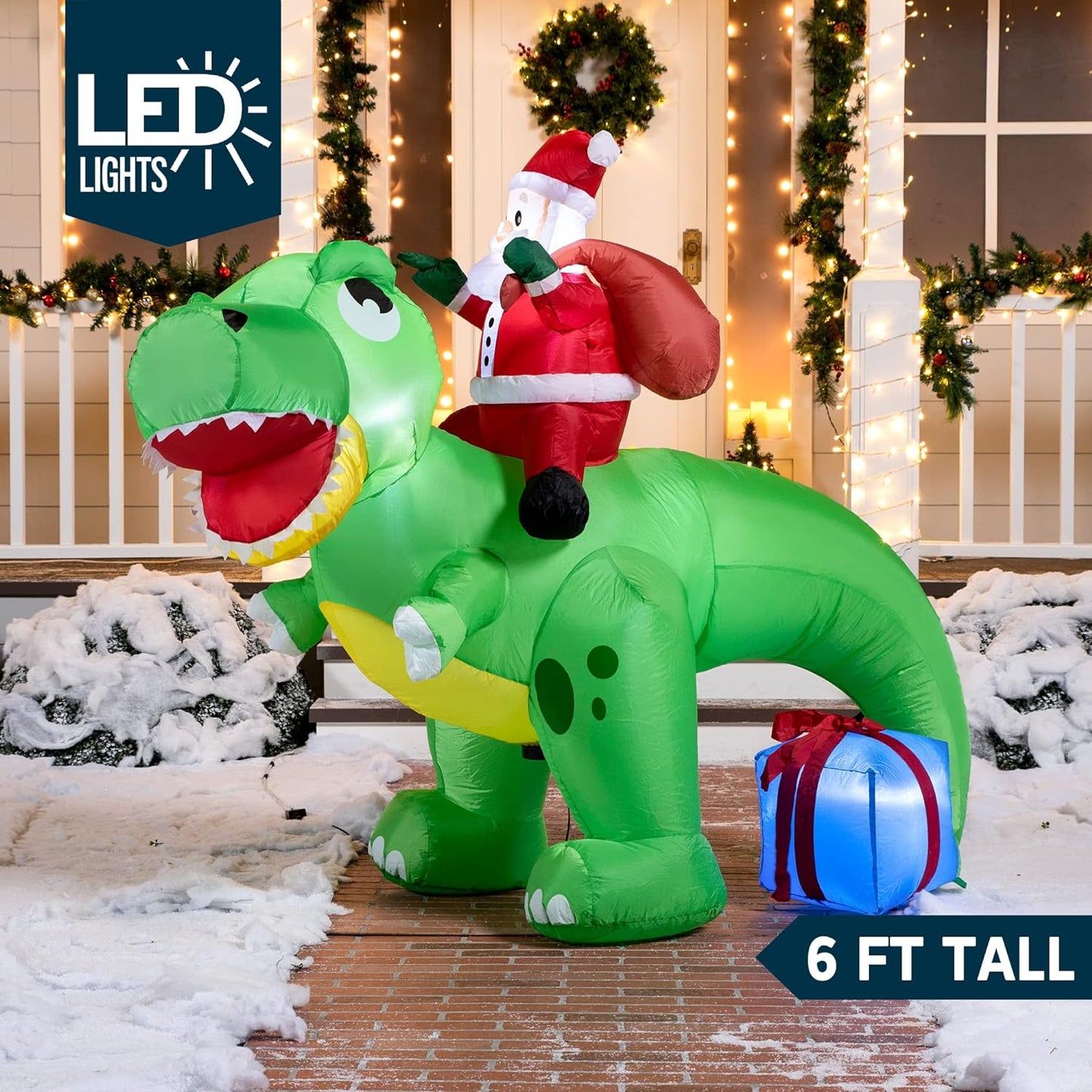 Joyfy 6 FT Christmas Inflatables Santa Dinosaur Outdoor Decorations,Dinosaur with Santa Christmas Blow Ups Yard Christmas with Built-in LEDs for Holiday Party Garden Lawn Decor