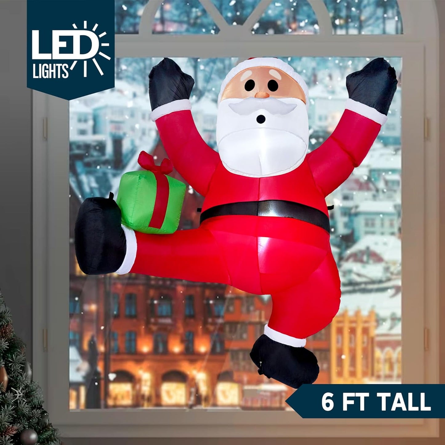 Joyfy 6 FT Christmas Inflatables Santa Outdoor Decorations,Christmas Climbing Santa with Gift Box Blow Ups Yard with Built-in LEDs for Holiday Party Garden Lawn Decor