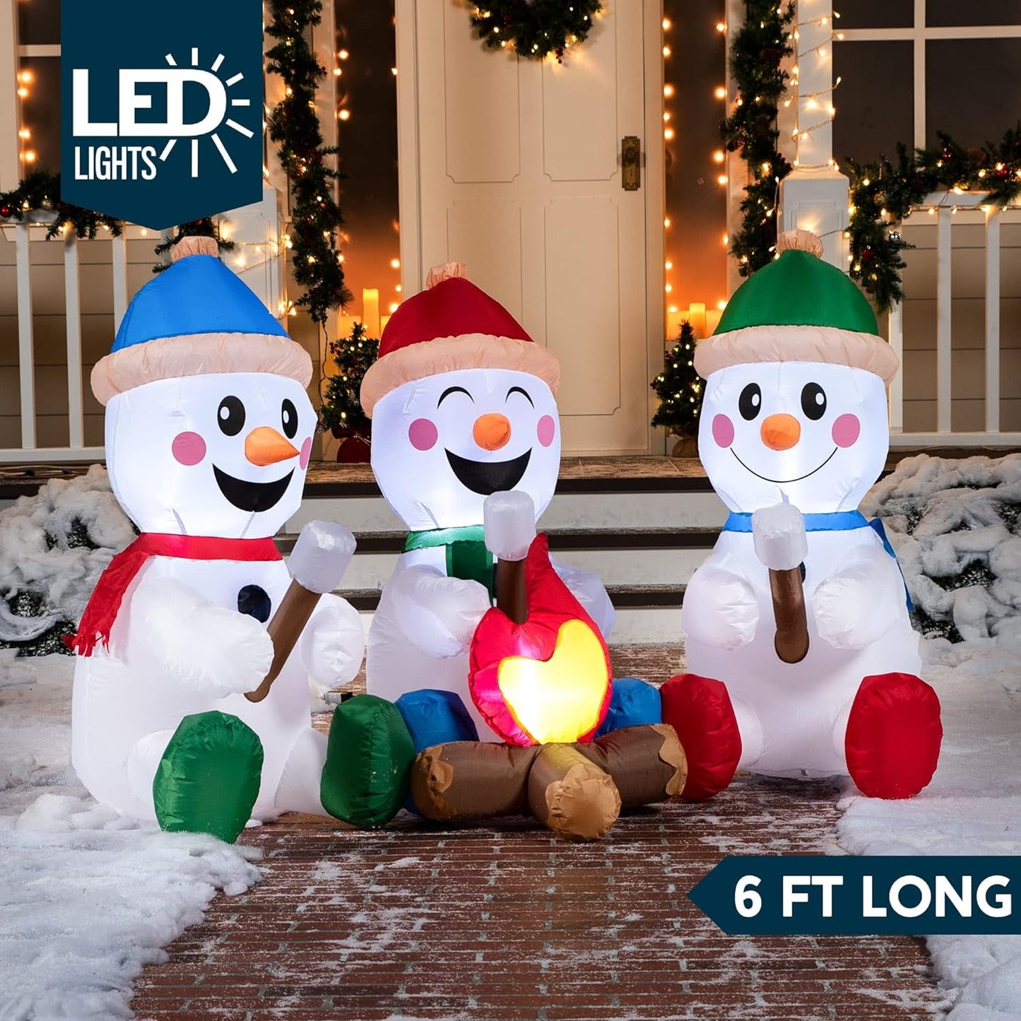 Joyfy 6 FT Christmas Inflatables Snowman Outdoor Decorations,Long Snowman with Campfire Christmas Blow Ups Yard with Built-in LEDs for Holiday Party Garden Lawn Decor