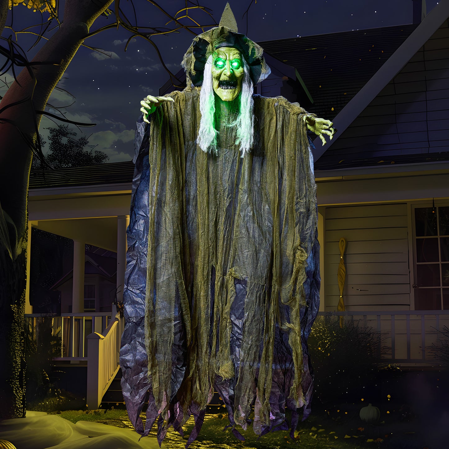 Syncfun 67 Inch Animated Halloween Witch Decoration,Outdoor Brown Ragged Robe Green Face Witch with Light and Sound Decoration for Halloween Outdoor Decor