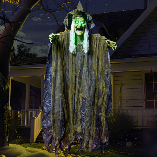 Syncfun 67 Inch Animated Halloween Witch Decoration,Outdoor Brown Ragged Robe Green Face Witch with Light and Sound Decoration for Halloween Outdoor Decor