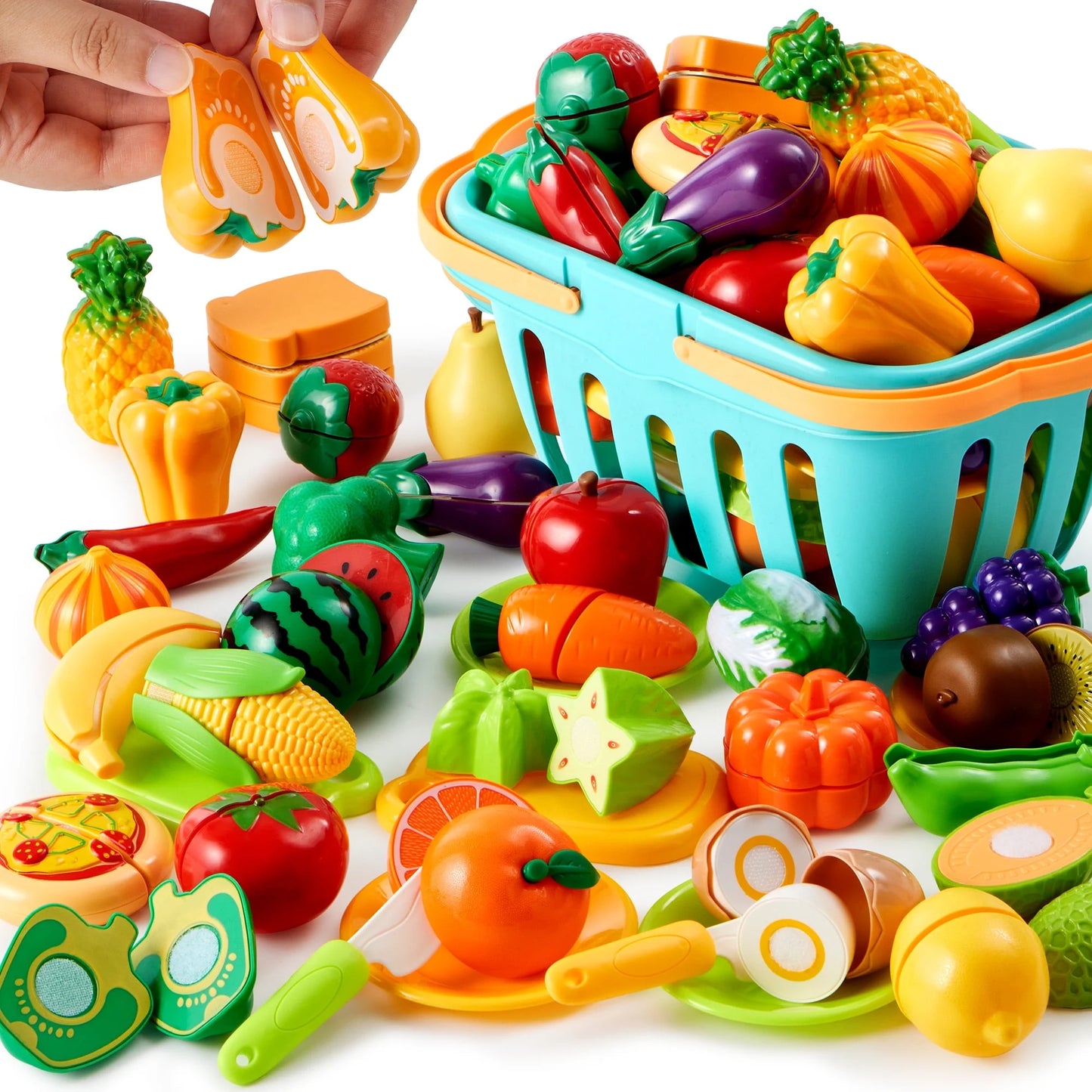 SYNCFUN 68 Pcs Cutting Play Food, Fake Food for Kids Play Kitchen with Storage Basket, Pretend Play Kitchen Toys