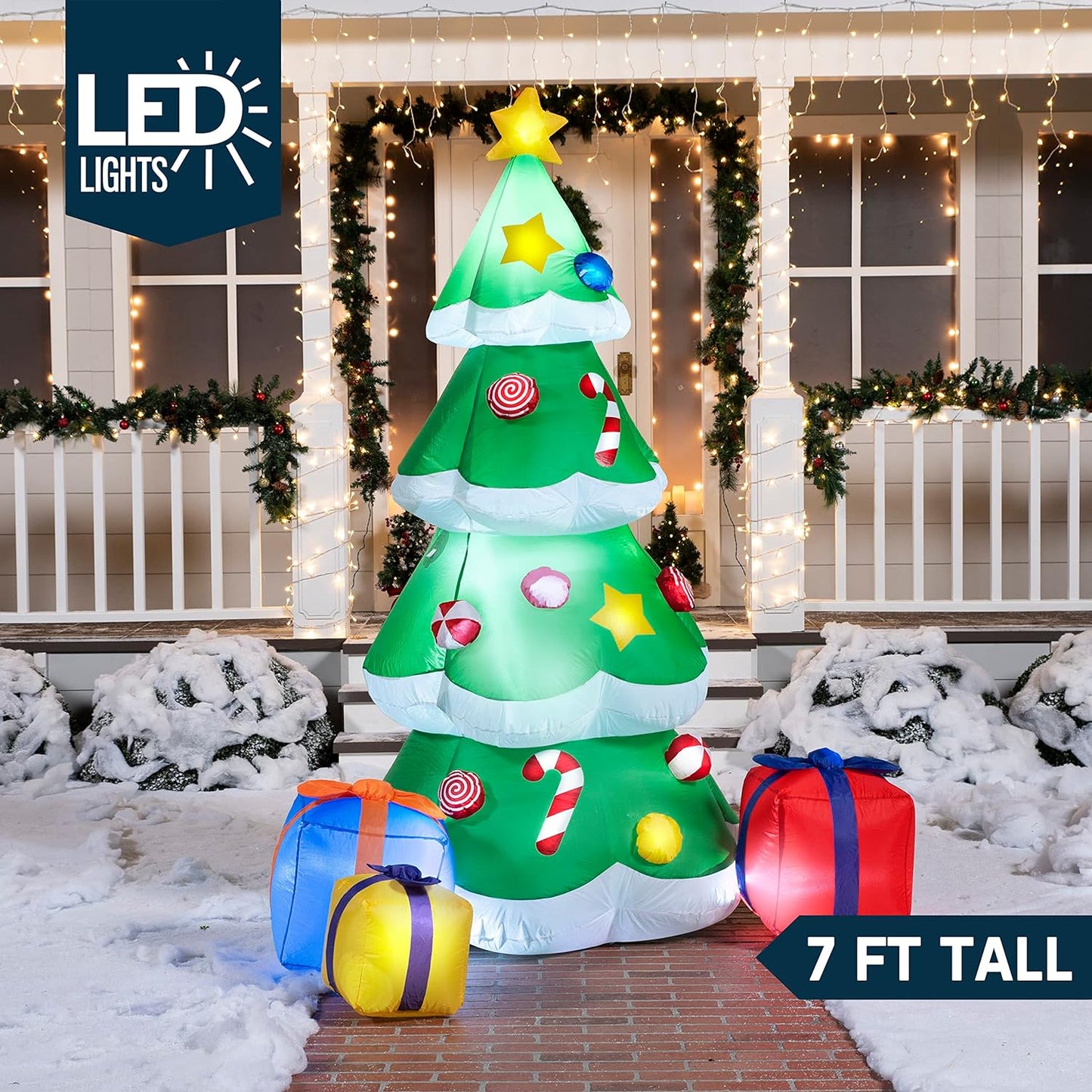 Joyfy 7 FT Christmas Inflatables Christmas Tree Outdoor Decorations,Giant Christmas Inflatable Tree with 3 Gift Boxes Blow Ups Yard with Built-in LEDs for Holiday Party Garden Lawn Decor