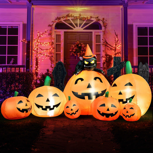Joyfy 7 ft Halloween Inflatable Long Pumpkin with Witch's Cat Decorations Inflatables with Build-in LEDs,Halloween Decor Outdoor Blow Up Yard Decorations