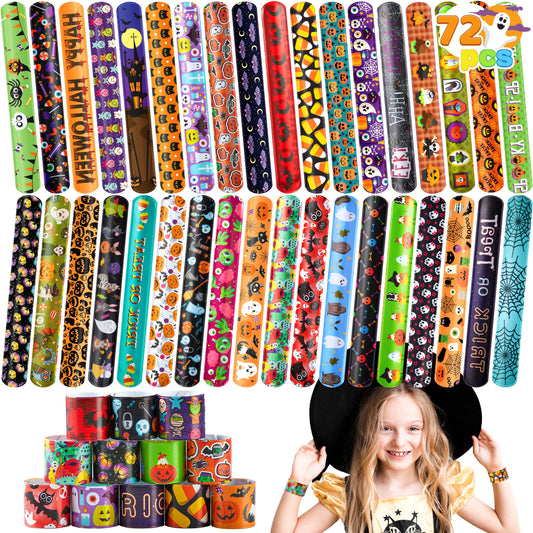 SYNCFUN 72 Pcs Halloween Slap Bracelets for Kids,Halloween Toys Bulk with Spider,Pumpkins,Animal Print for Prizes Gift Trick or Treat Party Favors,Halloween Crafts for Kids,Classroom Favors