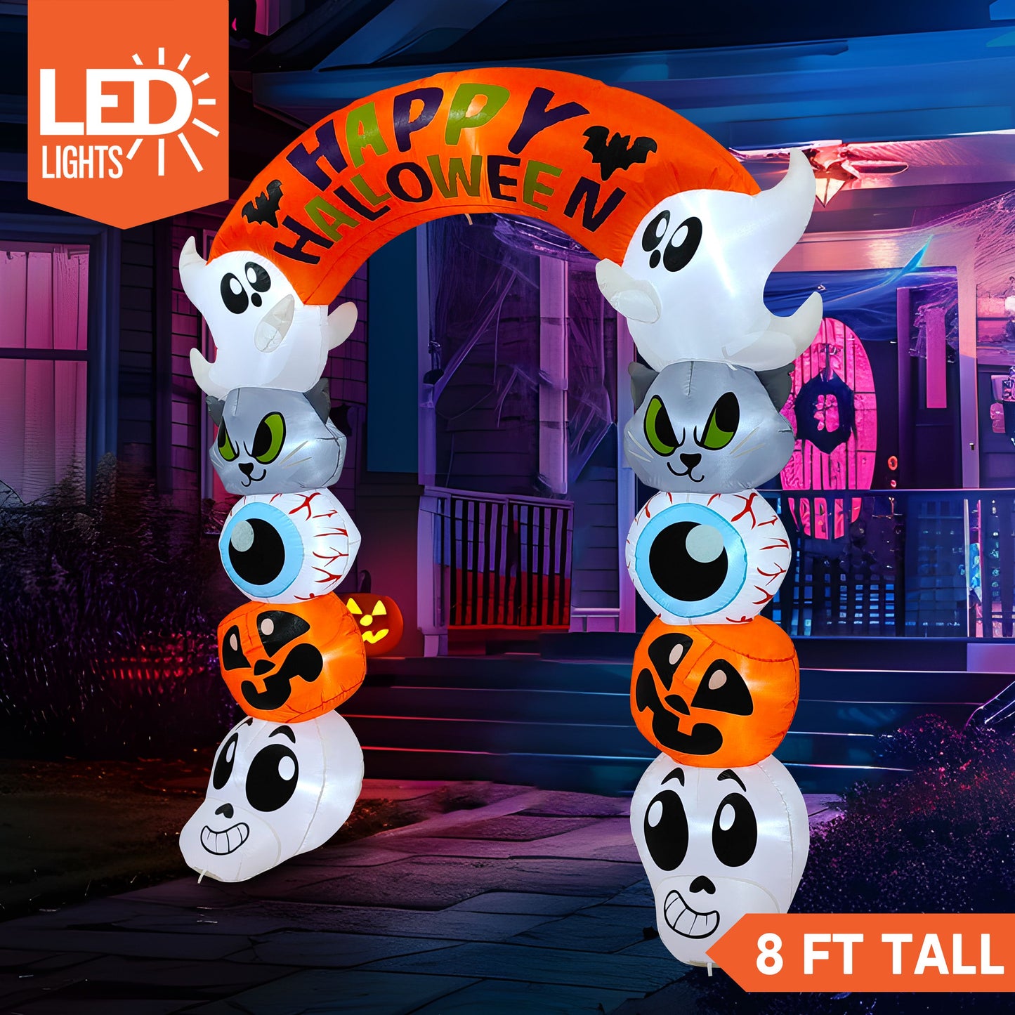 Syncfun 8 FT Halloween Inflatable Cute Stacked Characters Halloween Archway Decorations Inflatable with Build-in LEDs,Halloween Blow Up Yard Decorations