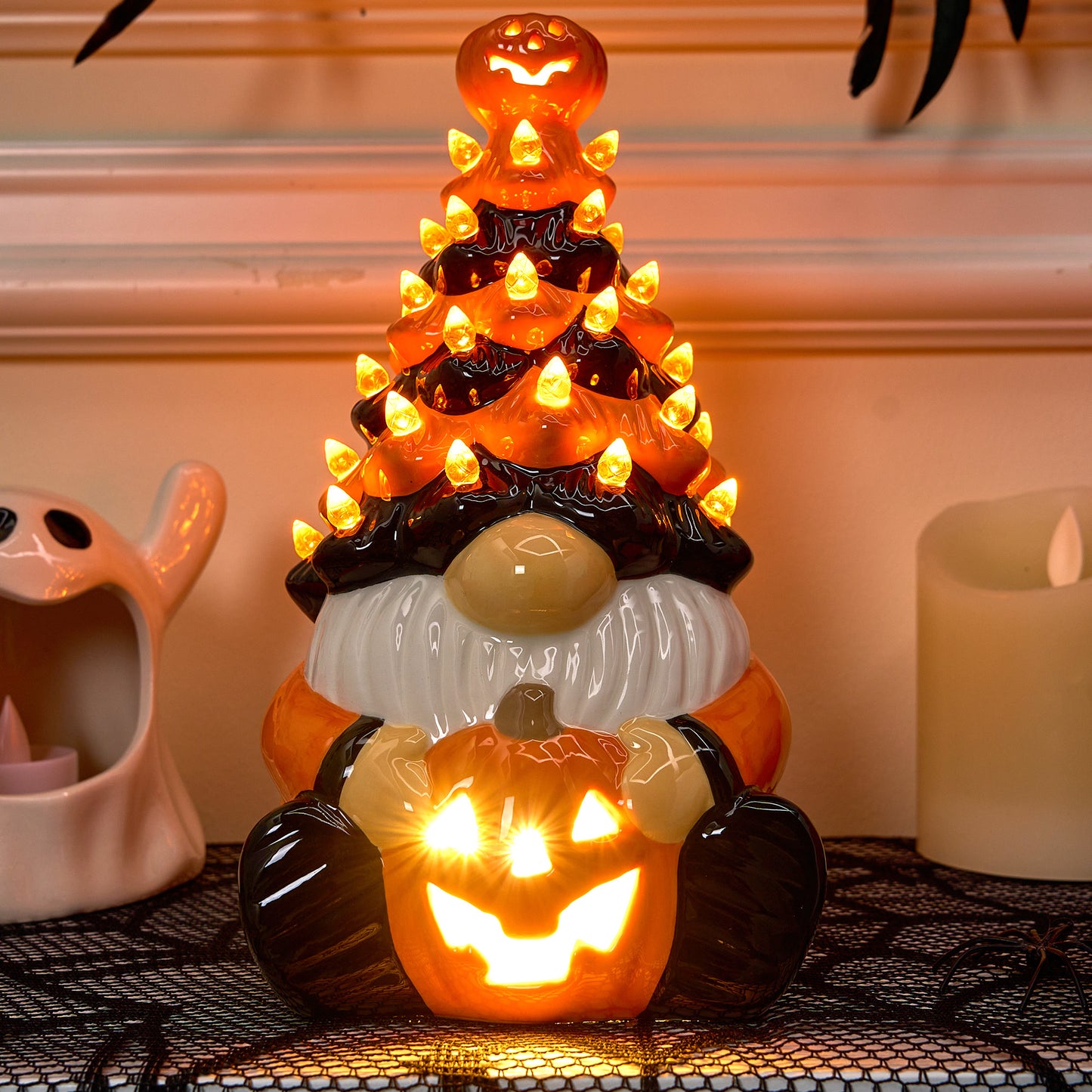 JOYIN 8.5 inch Halloween Decorations Ceramic Gnome Tree Decorations with Build-in LEDs,Light Up Pumpkin Table Decor Bedroom Indoor Centerpieces for Tables