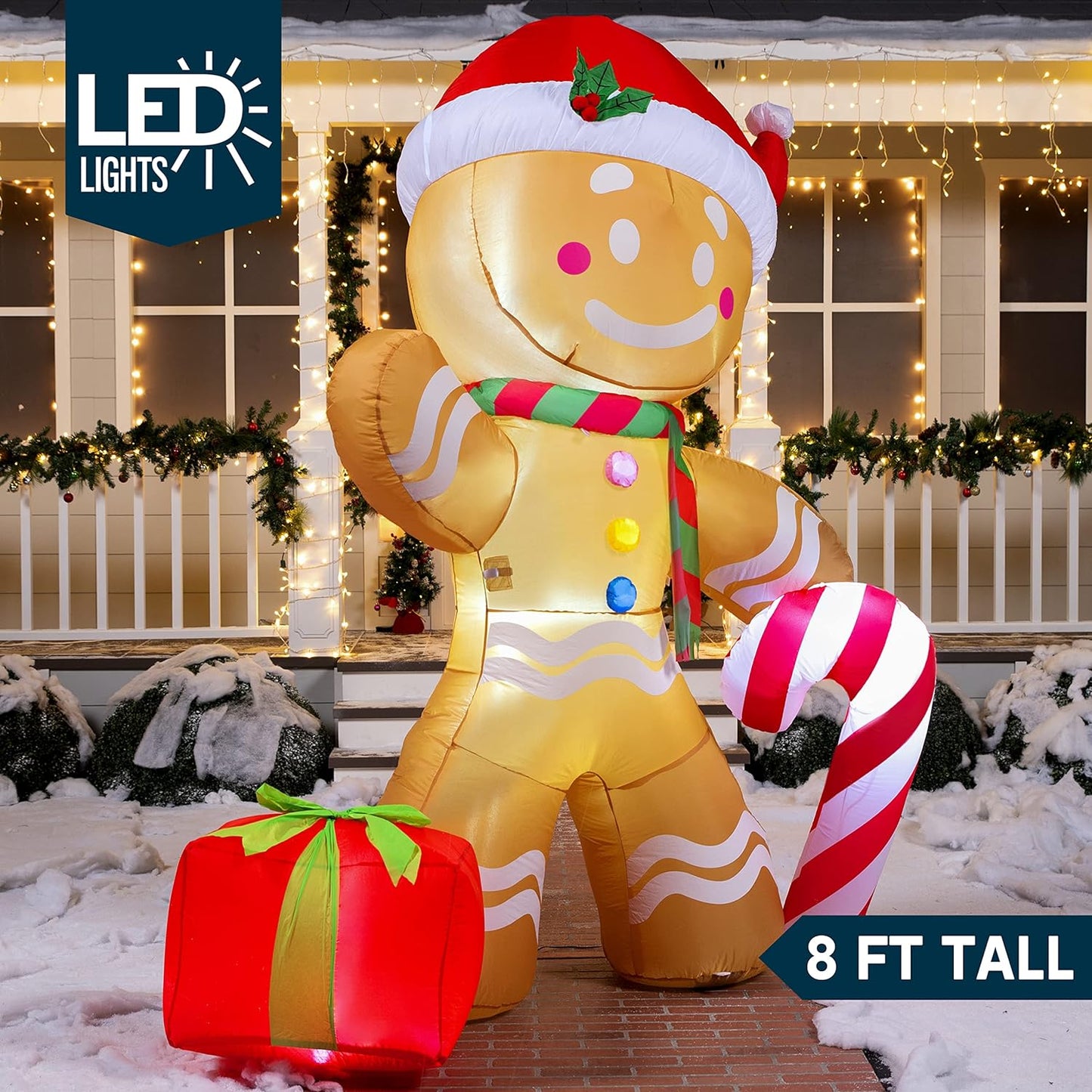 Joyfy 8 FT Christmas Inflatables Gingerbread Man Outdoor Decorations,Gingerbread Man with Candy Cane Blow Ups Yard with Built-in LEDs for Holiday Party Garden Lawn Decor