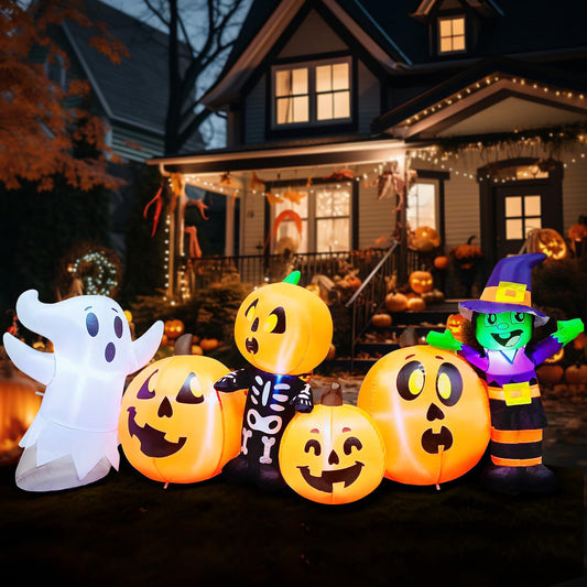 Syncfun 8 FT Halloween Inflatable Long Pumpkin Patch Decorations Inflatables with Build-in LEDs,Halloween Decor Outdoor Blow Up Yard Decorations
