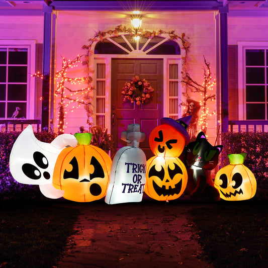 Joyfy 8 FT Halloween Inflatables Characters,Long Light Up Pumpkin Ghost Cat Tombstone Halloween Blow up Yard Decorations,Outdoor Halloween Decor