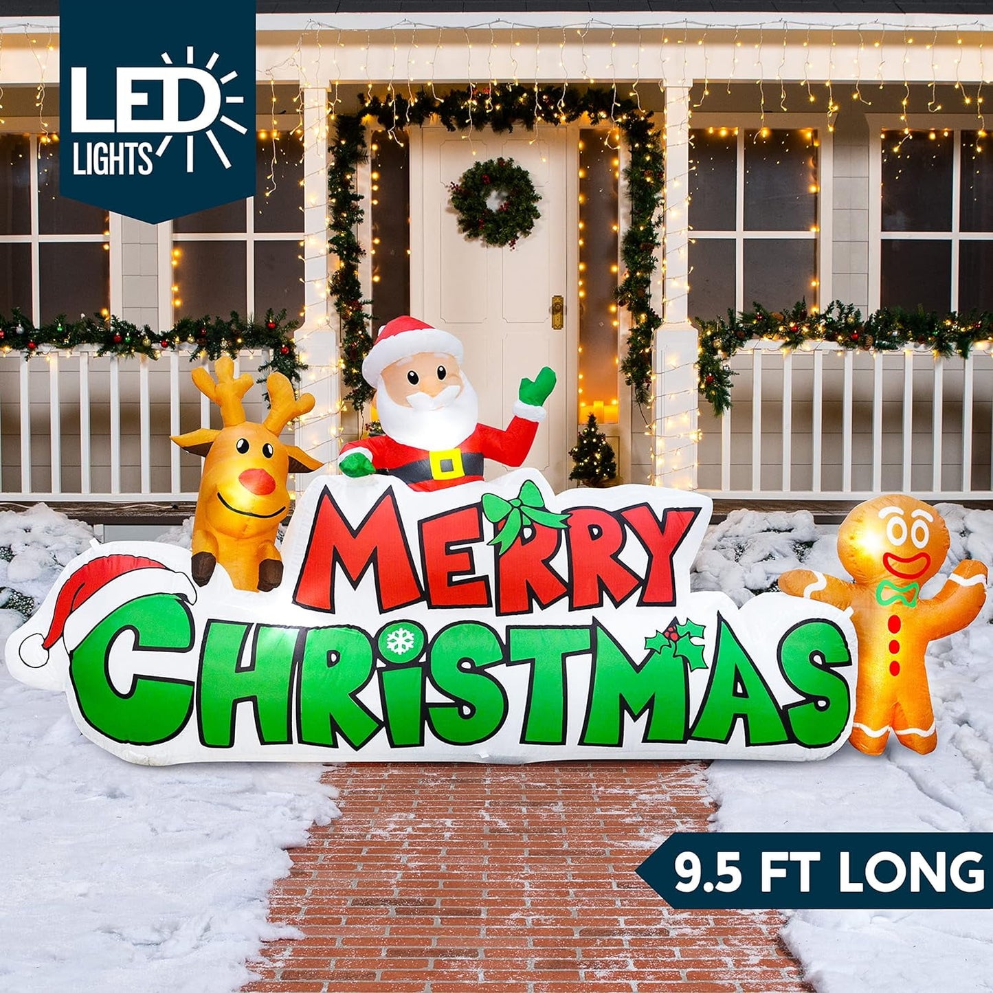 Joyfy 9.5 FT Christmas Inflatables Merry Christmas Sign with Santa Outdoor Decorations,Christmas Blow Ups Yard with Built-in LEDs for Holiday Party Garden Lawn Decor