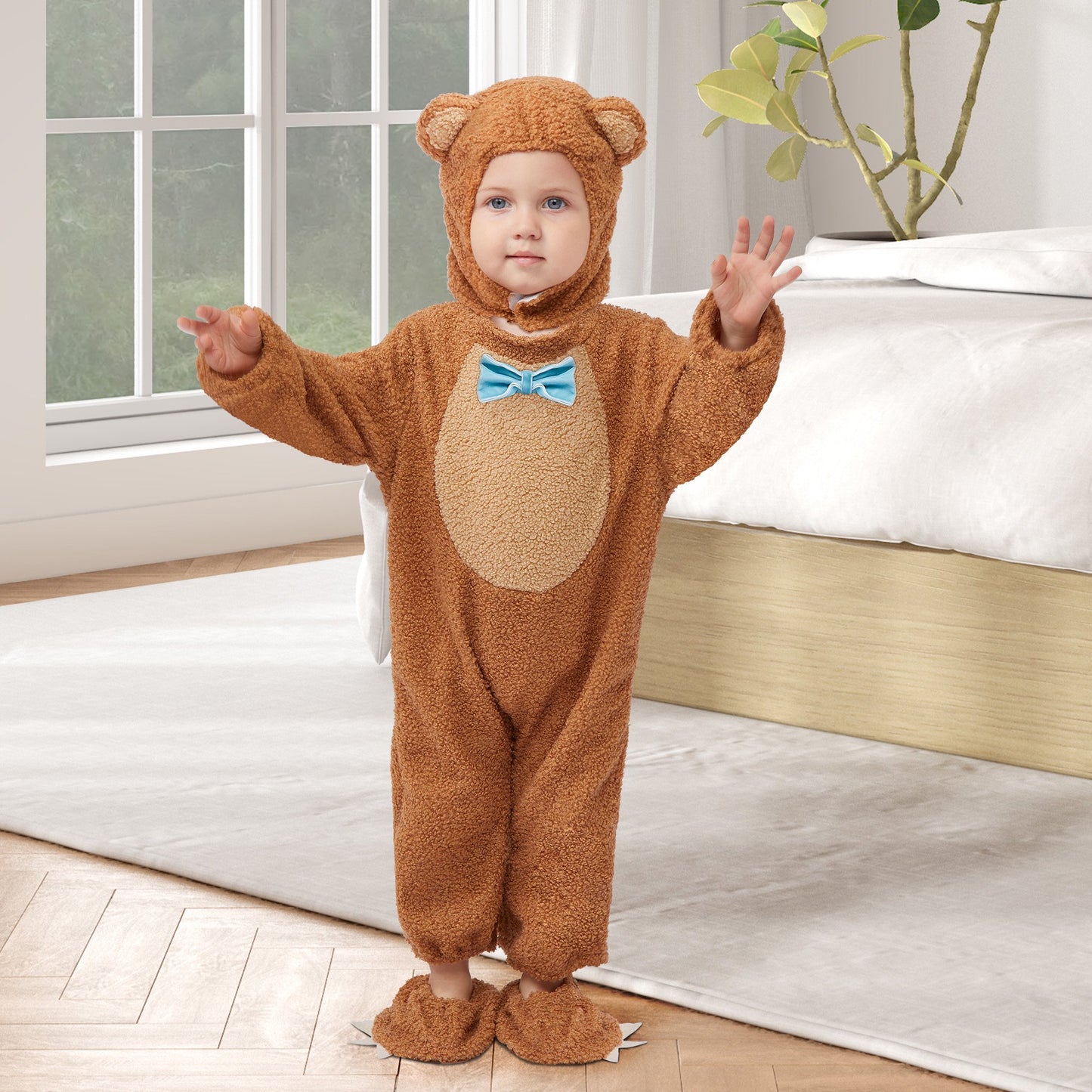 Syncfun Bear Halloween Costume for Baby and Toddler, Bear Jumpsuit Costume with Bear Hood and Booties for Halloween Costume Party Dress Up (0-4 Year)