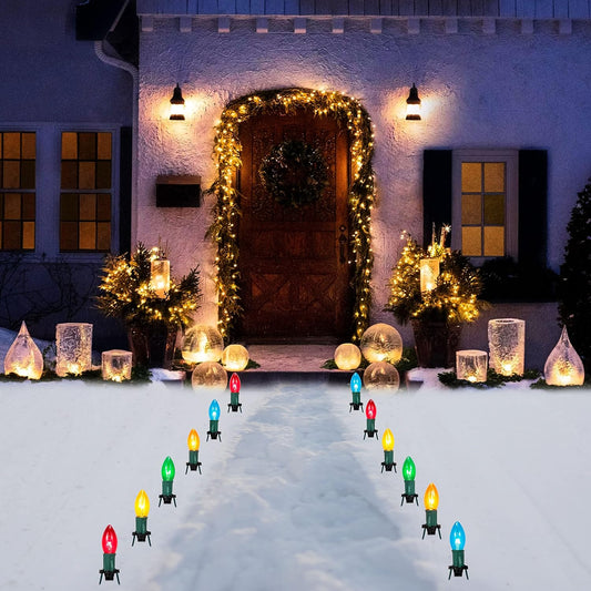 Joyfy Christmas Pathway Lights Outdoor,30.75 FT 24 C9 LED Walkway Lights with Marker Stakes,Outdoor Christmas Lights for House Warm White Christmas Decorations