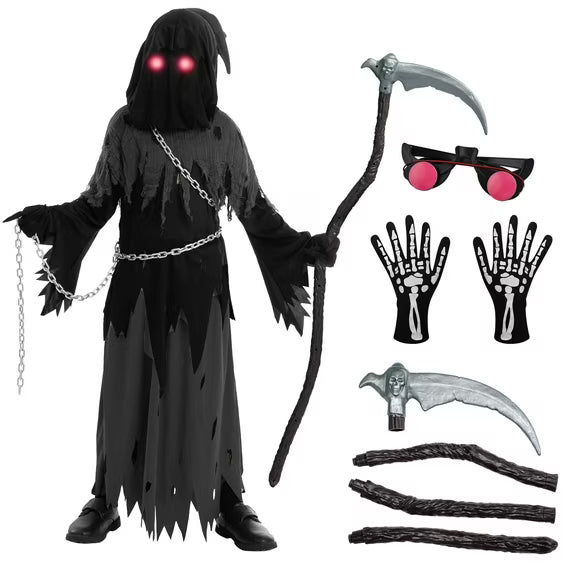 Joyfy Child Glowing Eyes Grim Reaper Costume, Phantom Costume for Kids Halloween Fancy Dress Up 5-12 Years