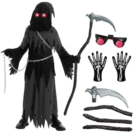 Joyfy Child Glowing Eyes Grim Reaper Costume, Phantom Costume for Kids Halloween Fancy Dress Up 5-12 Years