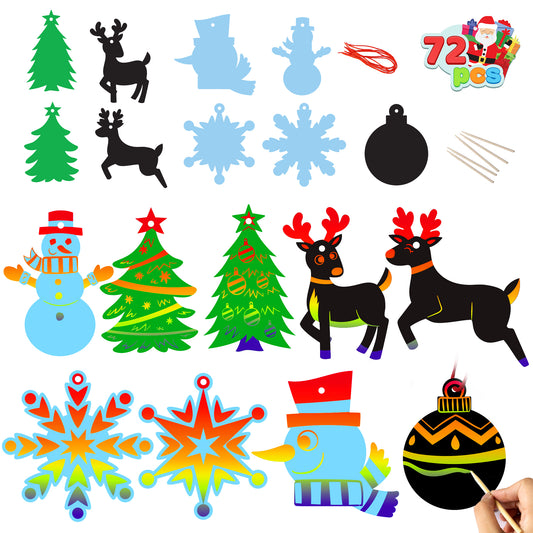 Syncfun Christmas Scratch Ornaments for Kids, 72 Pcs Rainbow Color Craft Kits w/Snowman, Snowflakes, Christmas Tree, and Reindeer Scratch Off Cards Hanging Ornament for Kids Christmas Party Favor