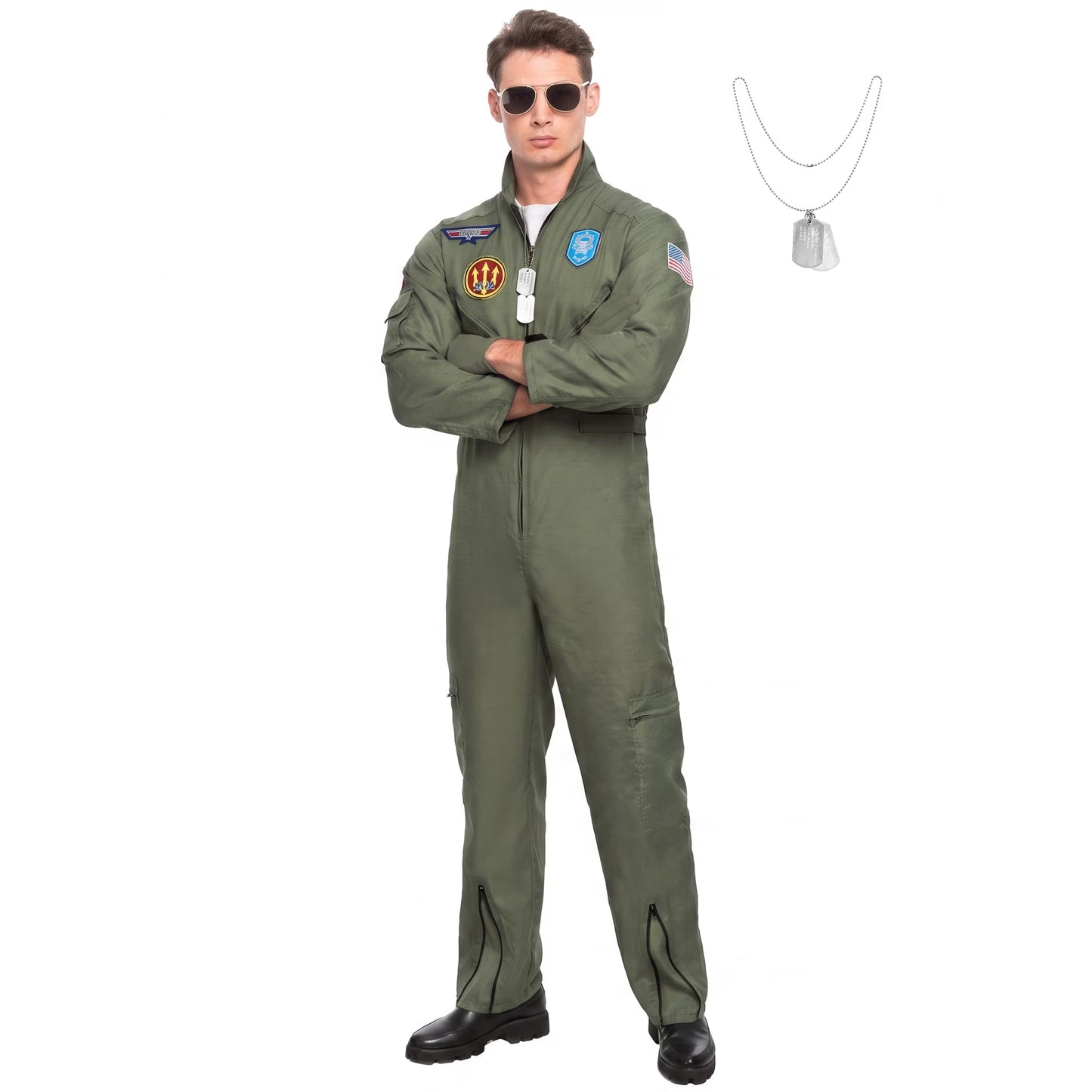 Joyfy Flight Pilot Costume for Adults Pilots Uniform Costume Movie Icon Green Jumpsuit for Men Halloween Party Fancy Dress up Cosplay