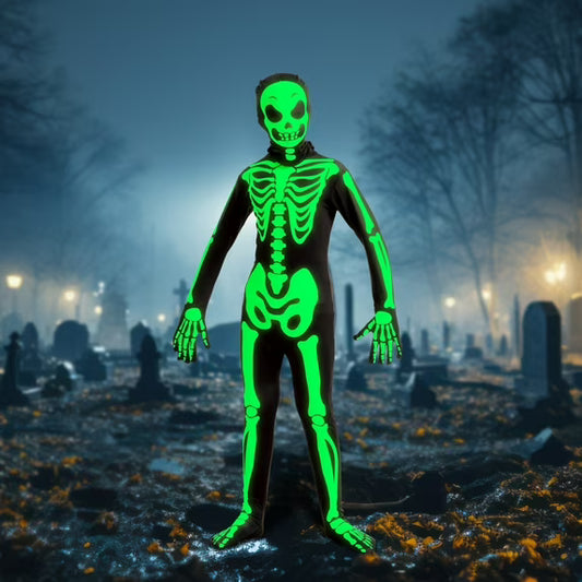 Joyfy Glow in the Dark Skeleton Costume for Kids, Skelebones Costume, Bone Jumpsuit, Kids Halloween Dress Up 3-10 Years