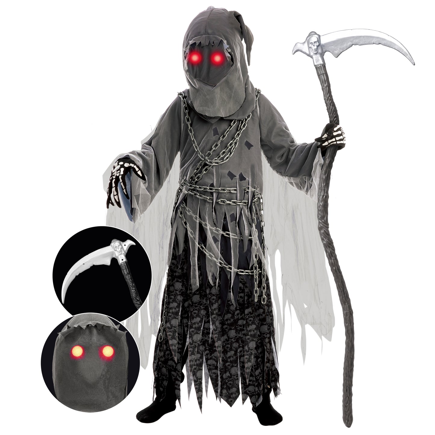 Syncfun Glowing Eyes Grim Reaper Costume for Kids, Dark Knight Reaper Phantom Costume for Halloween Dress Up Role Playing Cosplay 5-12 Years
