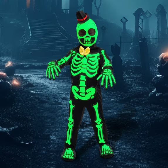Syncfun Glows in the Dark Skeleton Costume for Kids, Black Skelebones Jumpsuit, Bone Halloween Costume Dress up
