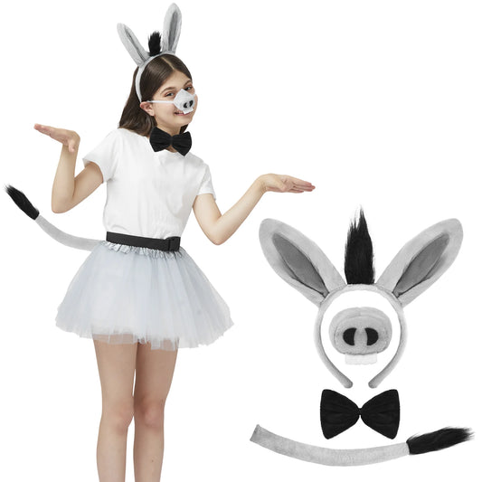 Joyfy Halloween 4 PCS Donkey Costume Accessory Set for Adults and Kids, Cute Donkey Ears Headband, Halloween Animal Costume Accessories Set