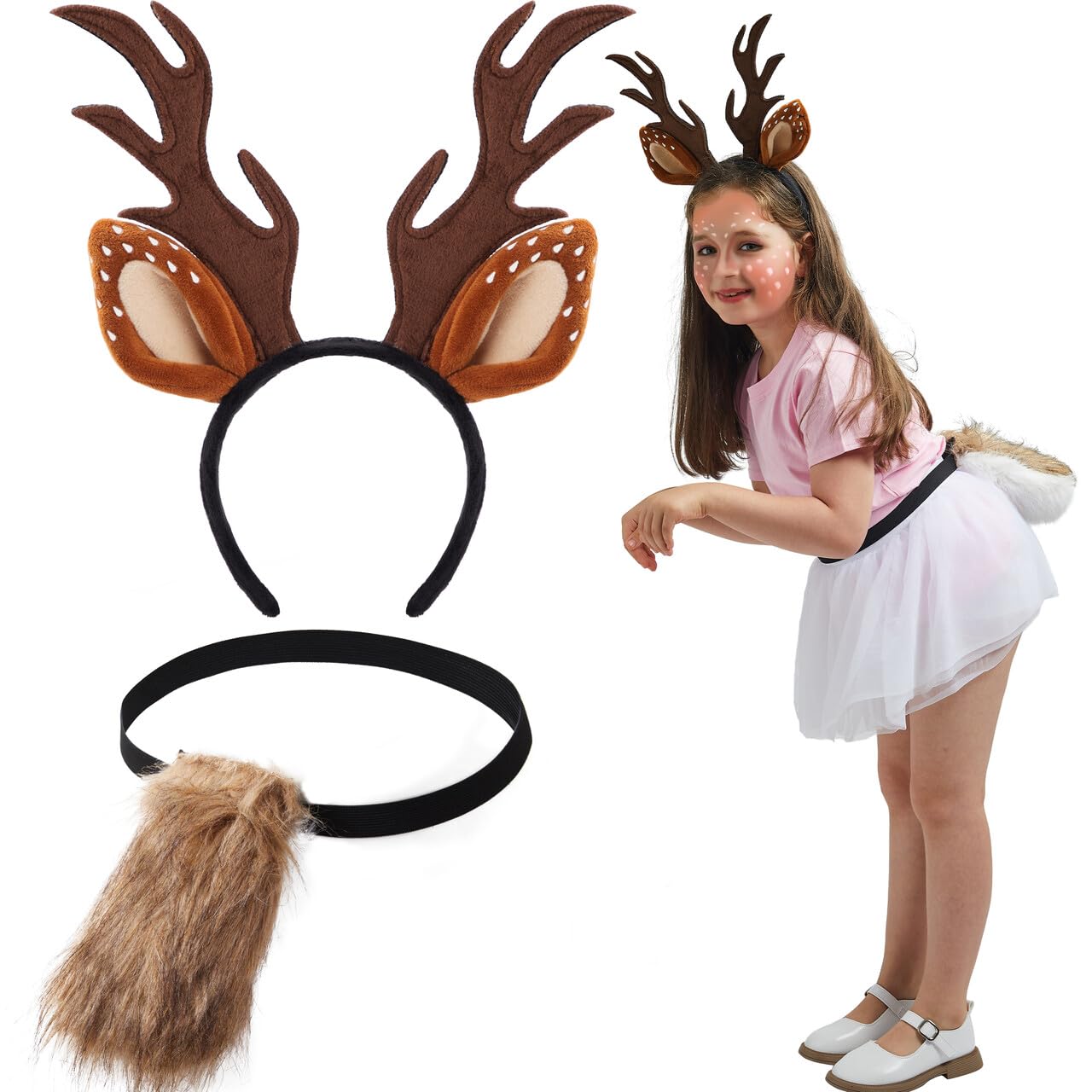 Joyfy Halloween Deer Headband,Antler Headband Reindeer with Fawn Tail for Girls Women,Halloween Party Props Cosplay Accessories