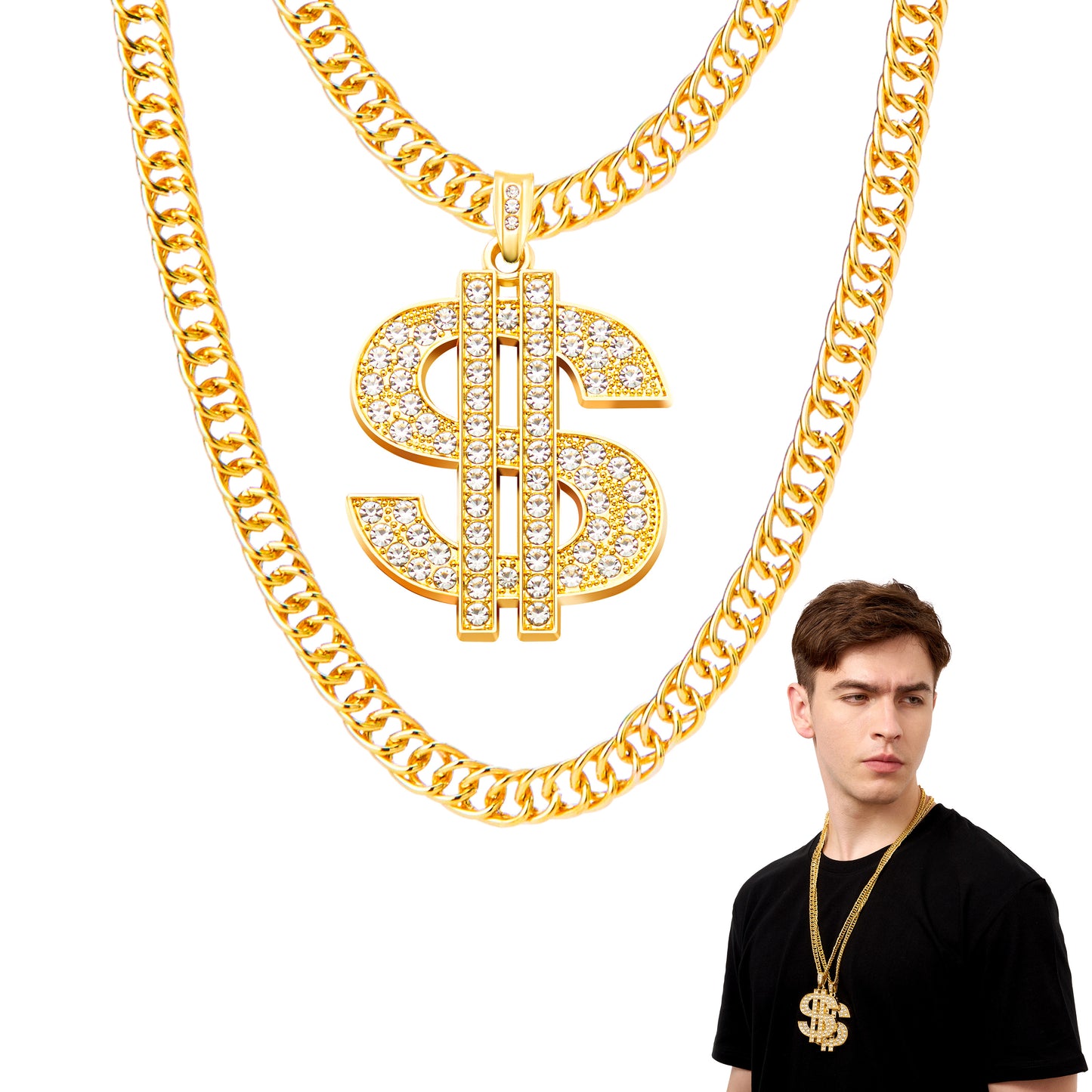 SYNCFUN Halloween Necklace Gold Dollar Chain,Plastic Chunky Fake Mens Women Chain,80s 90s Hip Hop Gold Jewlery Outfits Accessory,Halloween Props Costume
