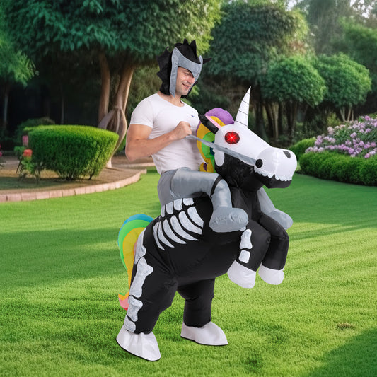 Syncfun Inflatable Halloween Costume, Ride A Skeleton Unicorn Blow Up Costume with LED Light Eyes, Ride On Inflatable Costume for Adult