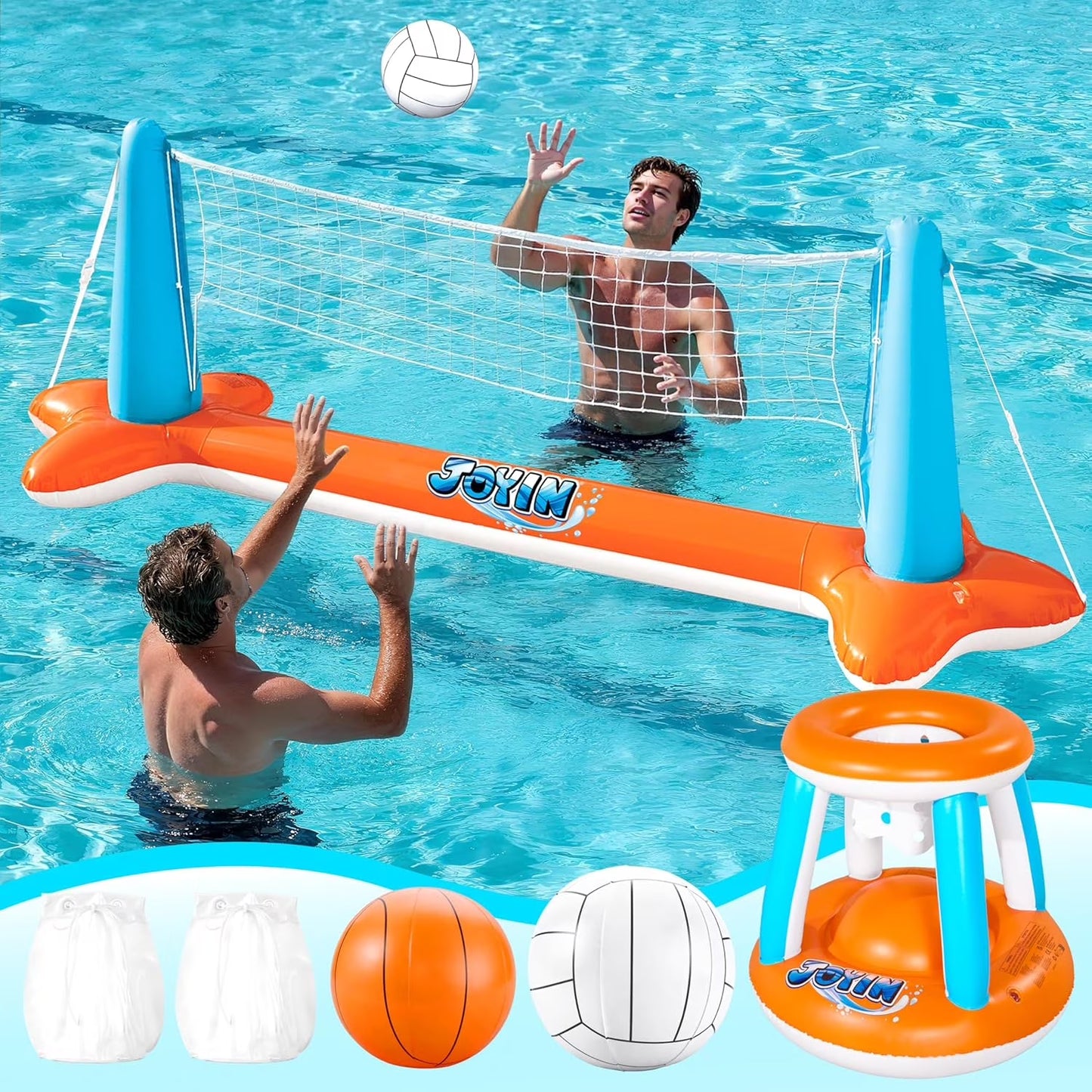 Joyfy 2-in-1 Inflatable Pool Toys Set with Pool Volleyball & Pool Basketball Hoop, Summer Pool Game for Kids and Pool Floats Adults, Volleyball Court 105¡±x28¡±x38¡±|Basketball 27.6¡±x23¡±,L-Orange