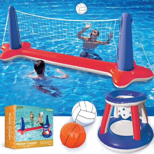 Syncfun Inflatable Pool Float Game Set with Inflatable Volleyball Net & Basketball Hoops, Summer Pool Game for Kids and Adults - Red