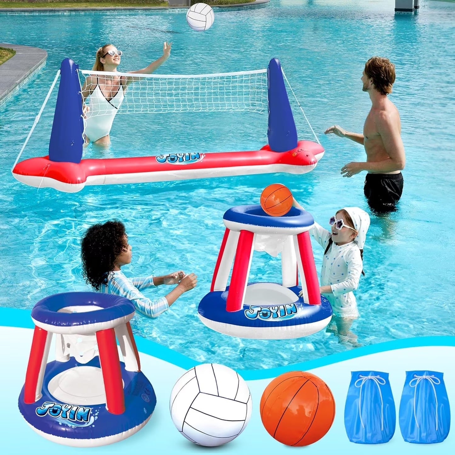 Syncfun Pool Toys with Pool Volleyball & Pool Basketball Hoop, Summer Pool Game for Kids and Pool Floats Adults - Red