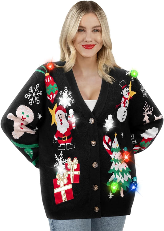 Joyfy Light Up Christmas Sweater Cardigan,Ugly Christmas Sweaters for Women,Funny Rudolph Reindeer Jumper Christmas Sweater for Women 2024