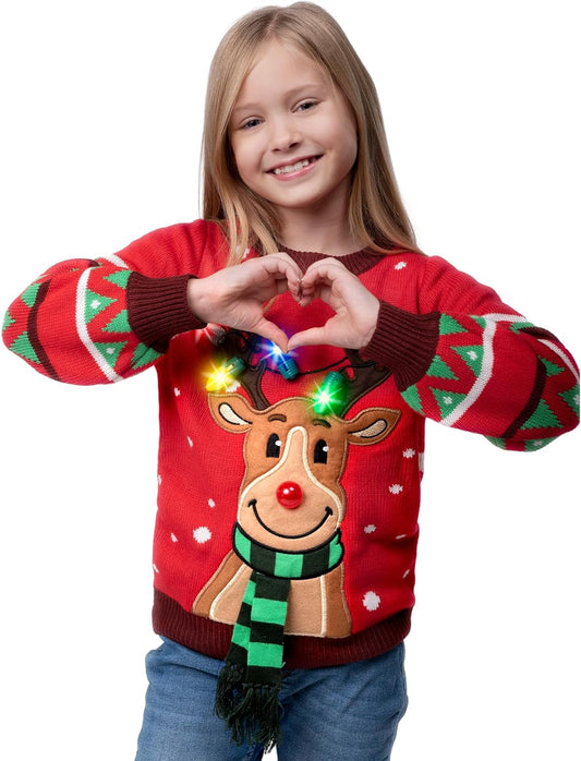 Syncfun Light Up Ugly Christmas Sweater for Kids,Funny LED Reindeer Christmas Sweater for Girls Boys,Holiday Sweater